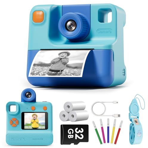 LETSHAHA Kids Camera Instant Print, Christmas Birthday Gifts for Toddle Girls Boys Age 3-12, 20MP & 1080P Selfie Digital Camera with 3 Roll No-Ink Print Paper 32G SD Card - Blue
