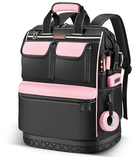 LOKASS Sac à outils rose pour femme, sac à dos à outils large avec fermeture éclair en métal à double ouverture, 20 poches, sac fourre-tout imperméable pour travailleuses, taille L