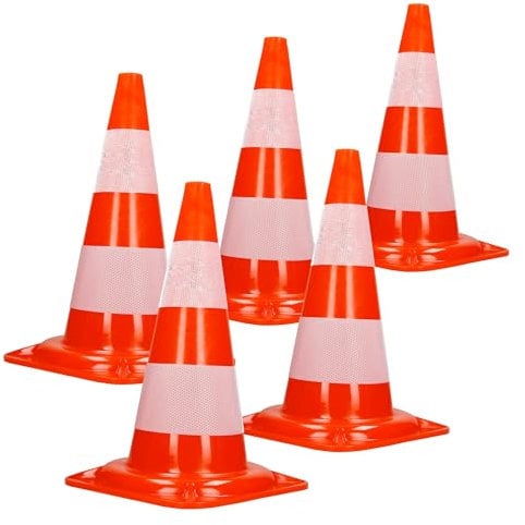 ECD Germany 5X Cônes Signalisation Pylône, 47cm, PVC Solide, Orange/Blanc, Triangle de Circulation, Marqueur Attention Sécurité, avec 2 Bandes Réfléchissantes, Pylone Cône Avertissement de Parking