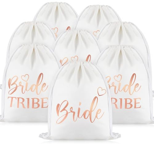 Weewooday 8 Stück Braut Rucksäcke mit Kordelzug Inklusiv 1 Rose Bronzierung Bride Beutel und 7 Bride Tribe Beutel Turnbeutel aus Segeltuch Brautparty Geschenke für Junggesellenabschied Hochzeit