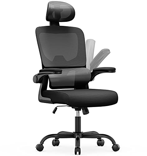 rattantree Ergonomischer Bürostuhl, Schreibtischstuhl mit Verstellbarer Kopfstütze und Armlehnen, C-förmige Lordosenstütze, Drehstuhl mit Rollen für das Home Office, Schwarz