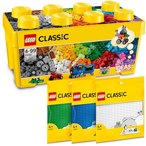 Lego Classic Bausteine Box Mittelgroß + Grüne, Blaue & Weiße Lego Platte: Aufbewahrungsboxen & Lego Platten Bundle, Steinebox mit Bauplatten, Bausteine Box und Baseplate, ab 4 Jahre - Lego Starterset