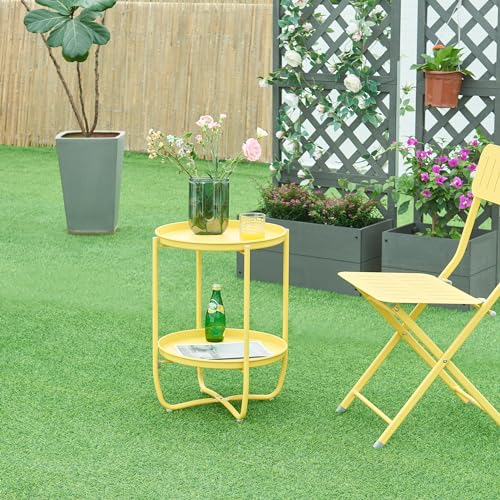 [en.casa] Outdoor Beistelltisch Sandefjord Tabletttisch Balkontisch mit 2 abnehmbaren Tabletts Gelb Gartentisch 57,5 x Ø40 cm rund Indoor Metalltisch