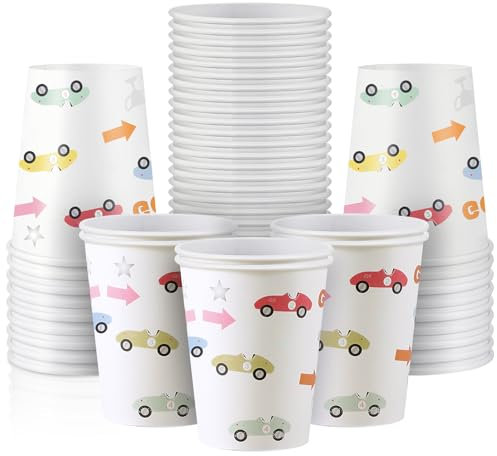 Newtay 60 Pack Race Car Party Cups 9 oz Vintage Disposable Race Car Paper Cups Bulk for Birthday Party Favors Decoration Supplies