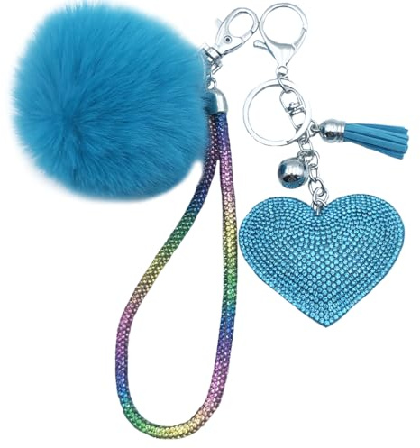 Xsclpomddy Leder Liebes-Herz Keychain Kristallstrass Bling mit Pom Pom Schlüsselbund künstliche weiche Kaninchenhaar Taschenanhänger für Handtasche