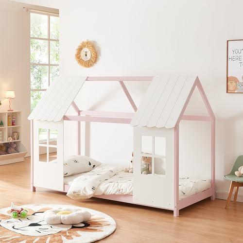 [en.casa] Cabane Lit Enfant Forme Maison avec Fenêtres et Toit Lit Design avec Sommier à Lattes pour Chambre d'enfant en Bois de Pin et Contreplaqué 90 x 200 cm Rose Blanc