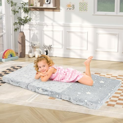 GOPLUS Matelas de Sol Pliable pour Enfant, Matelas en Flanelle Doux, Tapis de Jeu Lumineux pour Dormir, avec Poignées et Sac de Transport, Futon pour Chambre d'enfant Crèche, 60 x 120 cm