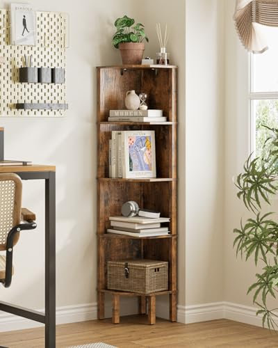 Apetaccat Eckregal, Ecke Bücherregal mit 5 Ebenen,Pflanzenregal, Anzeige Aufbewahrungsregal für Wohnzimmer,Büro,Schlafzimmer,127x29x29cm, Rustik Braun