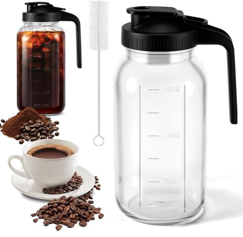 Glass Jug with Lid, 64 oz Water Jug Wide Mouth Glass Mason Jars Pitcher Leak-Proof Iced Tea Pitchers Bottle with Brush for Cold Brew Coffee Iced Tea Juice