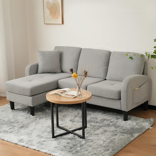 DRIXNO L-förmiges Ecksofa mit Chaiselongue – 3-Sitzer Sofa, 166 x 118 x 77 cm, Atmungsaktiver Baumwoll-Leinenstoff, Kunststoffbeine, Modulares Design.Grey