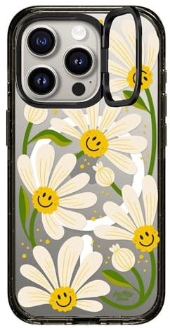 CASETiFY Impact Ring Stand Schutzhülle für iPhone 15 Pro [3X Falltest in Militärqualität, 2 m Fallschutz/kompatibel mit Magsafe] – 90er Gänseblümchen – Transparentes Schwarz