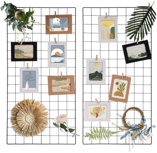 yeeplant - Paneles de rejilla de pared de 2 piezas, organizadores de rejilla de metal con marcos de fotos, clips, ganchos y cuerda de cáñamo