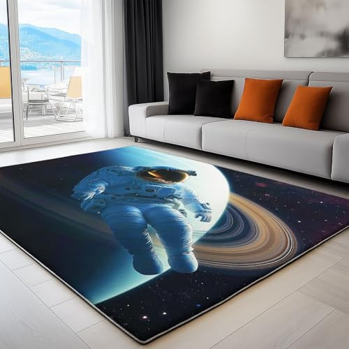 Generisch Großer Teppich Wohnzimmer 60 x 90 cm Moderner Weltraumastronaut, Teppiche Wohnzimmer Weiche Kurzflor Teppich rutschfest, Familien und haustierfreundlich Blau bedruckter Bodenteppich