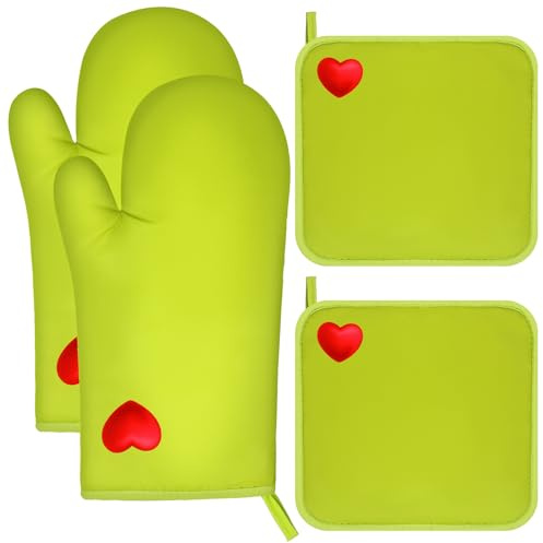 LemonRoad 4pcs Christmas Lime Green Oven Mitt and Pot Holder with Red Heart Set Pocket Lime Green Oven Glove Pot Holder Farmhouse Potholders for Kitchen Cooking Baking Grilling Christmas Party