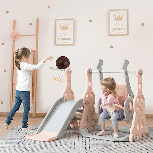 Scivolo per interni da 1 2 3 4 5 anni, parco giochi 4 in 1 con supporto da basket, scaletta da arrampicata, scivolo a dondolo, scivolo da giardino per avventure indoor e outdoor, rosa