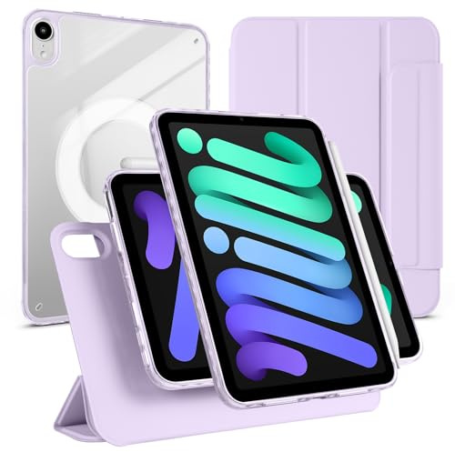 Detachable Magnetic Cover for iPad mini 7 A17 Pro 2024/Mini 6 2021 8.3 Inch,Shockproof Transparent Hybird Back Portrait/Landscape Stand Case,with Auto Wake/Sleep,Light Purple
