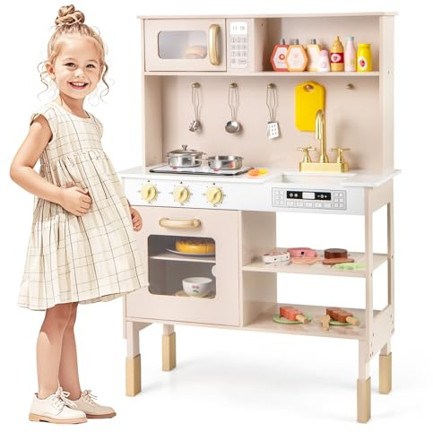 COSTWAY Cuisine Enfants en Bois avec 11 Accessoires & Lumières & Sons | Micro-Ondes & Étagères, Hauteur Réglable, Jouet d’Imitation pour Tout-Petits de 3 Ans+