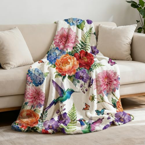 GLOBLELAND Kolibri Geschenk Decke 150x130CM Frühling Mama/Papa Geschenk Geburtstagsgeschenk Geschenke für Frauen Männer Blumen Wohn-Decke Frühlingsblumen Flanell Kuscheldecke