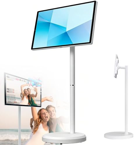 YANDDEA Portable Touch Screen Smart TV with Remote Control, Movable Floor Stand, Standing Touch Screen Monitor, Wireless Rolling TV on Wheels, Built-in Battery Full Swivel Rotation 21.5in/4+64G