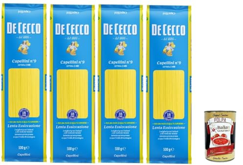 Italian Gourmet Bundle 4x De Cecco Capellini n. 9 500 g + Italian Gourmet Polpa, Italienische Pasta aus Hartweizengrieß, lange dünne Nudeln, Kochzeit 2 Minuten, Vorratspack 2 kg