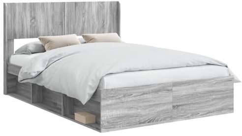 vidaXL Bettgestell mit Stauraum und Kopfteil Grau Sonoma 120 x 200 cm, Moderne Bettgestell, rechteckig, Stauraum, Latten-Design, praktische Möbel für Dein Schlafzimmer
