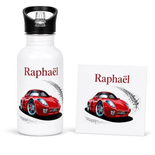 Générique Gourde Enfant Personnalisée avec Prénom – 500 mL – Aluminium, Acier Inoxydable ou Isotherme – Gourde École, Crèche, Sport, Centre de Loisirs – Motif au Choix, Voiture
