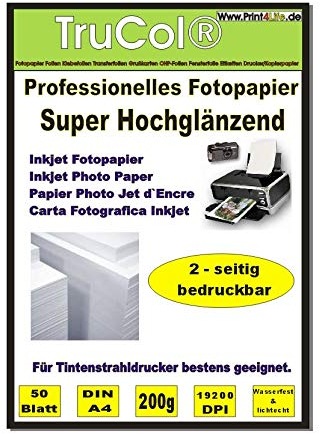 trucol Premium 50 Blatt SUPER Hochglänzendes BEIDSEITIG beschichtetes Fotopapier DIN A4 200g /m² ; Professionelle Ausdrucke mit brillianter Farbwiedergabe