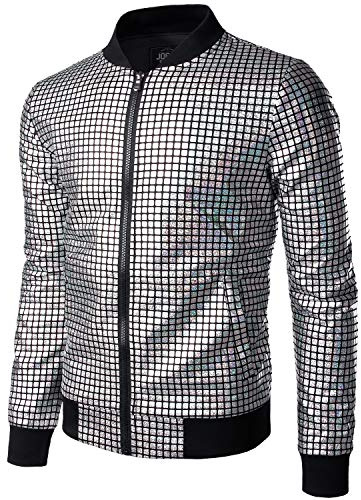 JOGAL Herren Metallic Pailletten Baseball Bomberjacke 70er Disco Party Kostüm XX-Large Silber