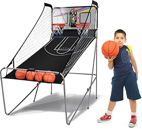 DREAMADE Macchina da Pallacanestro Elettronico, Gioco di Basket Arcade, Canestro Pieghevole, con Contatore, 4 Palle e 1 Pompa, 203 x 109 x 206 cm