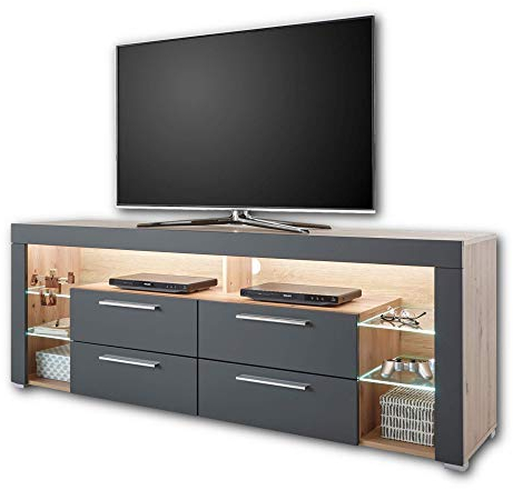GOAL, Credenza bassa in simil rovere artigianale, illuminazione LED, grigio; mobile base TV, molto capiente e di qualità ottima, per il vostro soggiorno, 179 x 66 x 44 cm (L x A x P)