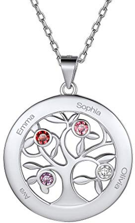 Personalised 925 Sterling Silver Family Tree of Life Necklace with Choice of Birthstone Setting Custom Engraving Name Four 4 Birthstone Tree Circle Pendant Necklace for Women