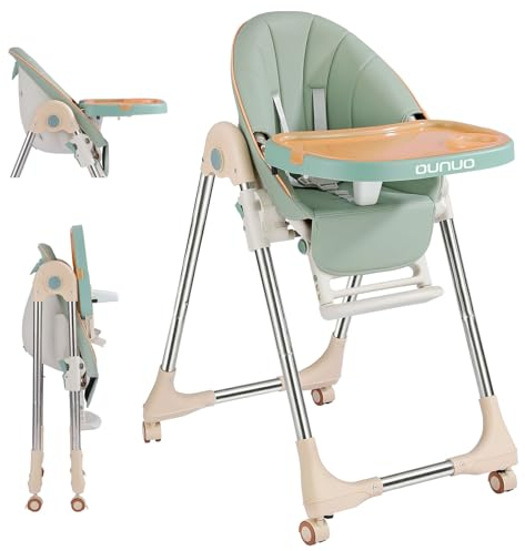 OUNUO Trona para Bebe Evolutiva, Trona para bebés Plegable con bandeja extraíble, Tronas bebe Ajustable 5 Alturas, 4 ruedas, Verde