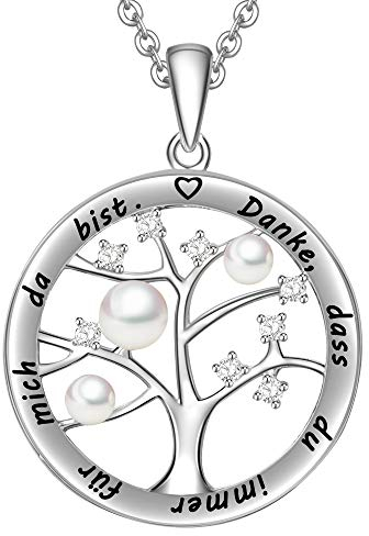 LOVORDS Damen Halskette Gravur 925 Sterling Silber Süßwasser Perlenkette Weiß 3-4mm Kreis Lebensbaum Anhänger Mutter Geschenk fürutter Mama Frauen Freundin Oma Tochter