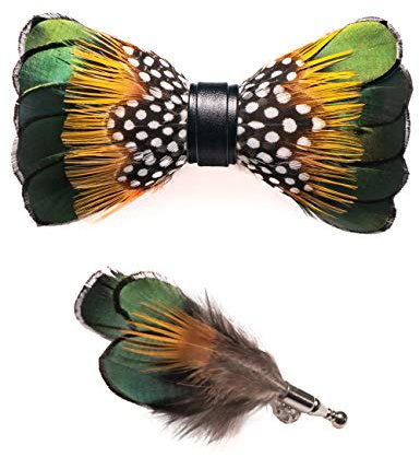 JEMYGINS Noeud Papillon Homme Noir/Blanc en Plume en Plume Fait Main et Broche Ensemble Compris boîte