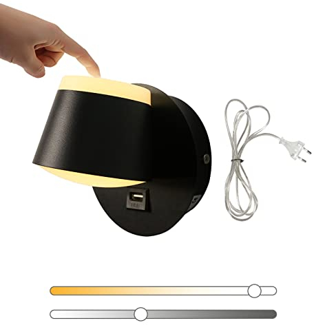 VOMI Nachttischlampe mit Ladefunktion Wandmontage LED Wandleuchte mit Schalter, Nachttisch Schwarz Wandlampe Kinderzimmer, Up Down Leuchten Innen, 350° Drehbar, Kabel mit Stecker enthalten