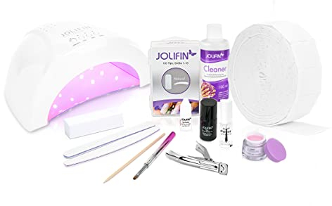 Jolifin Nagelstudio Einsteiger Starter Set für Gel Nägel + UV LED Lampe für Nagelverlängerung