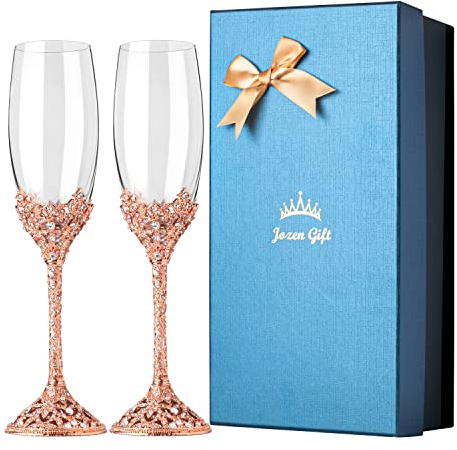 Jozen Gift Champagne Flutes - Crystal Glass Metal Base With Crystal Stones, Set of 2 Toasting Flute Pair, Wedding Anniversary Party Birthday Banquets and Gifts for Bride and Groom (Rose Gold)