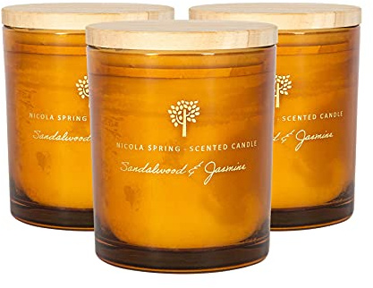 Nicola Spring Soja Wachs duftende Kerzen - Glas Aromatherapie Geschenk für sie - 21 Stunden Burn Time - 130g - Sandelholz & Jasmin - Pack von 3