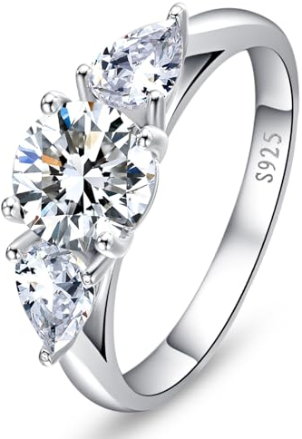 Yaresul 3-Stein Solitaire Verlobungsring für Frauen 925 Sterling Silber Hochzeitsbänder mit Prong Einstellung AAA Grade Runde und Birne geformt Cubic Zirconia Ring Größe 52(16.6)