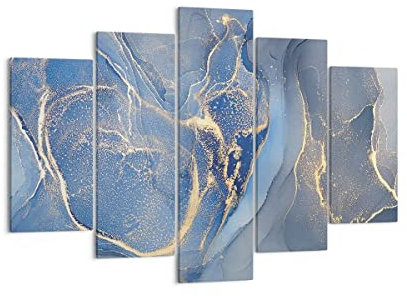 Moderne Impression sur Toile 150x100cm Image Tableau Decoration Murale Or bleu peinture Tableaux Decoratifs Muraux Chambre Triptyque 5 parties Deco Cadre Décoration Salon Art Wall EA150x100-5029