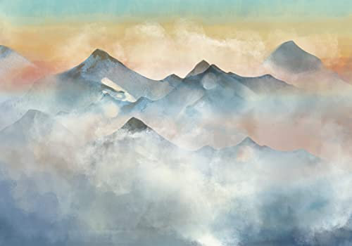 decomonkey - Papier Peint Panoramique Montagnes Paysage 400x280 cm - Décoration murale – Tapisserie pour chambre salon - Nature bleu hiver paysage brouillard montagnes coucher de soleil