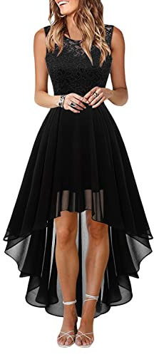 Onsoyours Robe de Cocktail Femme Longue Robes Soirée en Dentelle Mousseline de Soie Robes Chic Elégant sans Manches Sexy Robe Asymétrique B Noir S