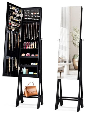 GOPLUS Armoire à Bijoux avec Miroir Plein Longueur, Armoire à Bijoux sur Pied avec 12 Lumières LED, 3 Angles Réglables, 3 Etagères, Grand Rangement, Organisateur de Bijoux pour Femmes Filles (Noir)