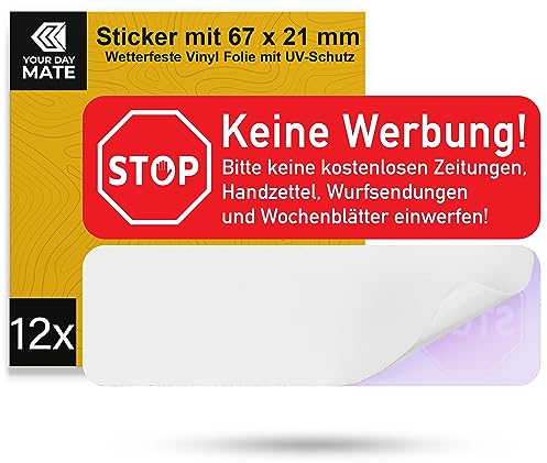 Briefkastenaufkleber Keine Werbung, 12 Stück, 67 x 21 mm, selbstklebende Folie, Briefkastenschild für Innen- und Außenbereich, Keine Werbung Aufkleber für Briefkasten, Hinweisschild Brief Kasten