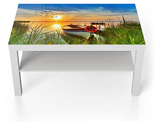 DEQORI Glastisch | weiß groß 90x50 cm | Motiv Boot am Steg auf Madeira | ausgefallener Beistelltisch aus Glas | Hochglanz Couchtisch fürs Wohnzimmer | moderner Couch Tisch mit Design