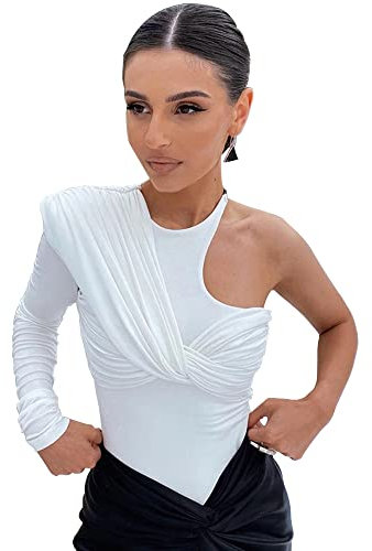 KOEMCY Body Donna Elegante Manica Lunga Sexy Una Spalla Donna Tuta Aderente Bodysuit Basic Donna Pagliaccetto Elasticizzato Tinta Unita Casuale Jumpsuits Tops (Bianco,S)