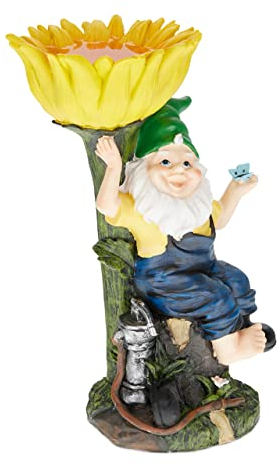 Relaxdays Gnomo da Giardino con Fiore, Abbeveratoio Uccelli, HLP 32x18x16 cm, Statua Nano, Poliresina Antigelo, Colorato