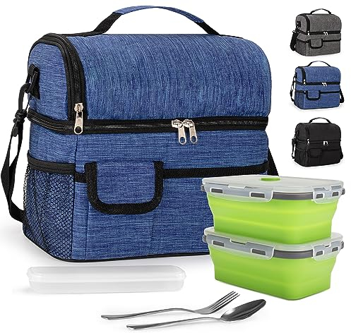 BalladHome Borsa Termica Porta Pranzo 10L Borsa Termica Borsa Frigo con doppio scomparto, 2 Contenitori Alimentari e 1 set di posate, per uomo e donna per Lavoro, Scuola (Blue, 2 Contenitori)-X