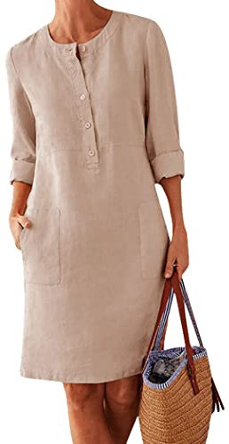 OMZIN Women Summer Short Sleeve Dresses Cotton Linen Shirt Dress Casual Beach Dresses Beige M