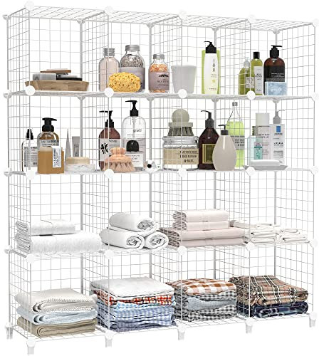 HOMIDEC 16 Cube Bathroom Storage, Multifunctional DIY Wardrobe Storage Organizer Wire Cube Storage Shelf Bookshelf Perfect for Bathroom Kitchen, White, BJSA-A1